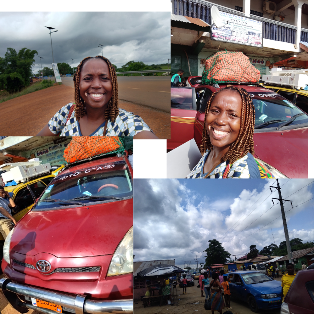 Sarah at the car station from before traveling by road from Sierra Leone to Liberia